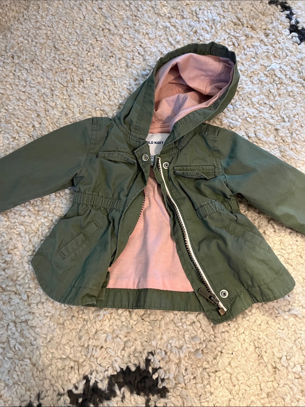 Old Navy Olive Green Hooded trench Jacket with Pink Lining 3-6 month